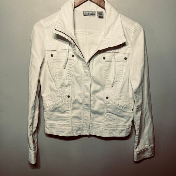 Chico's Platinum Jacket White Cotton Denim Full Zip Tie Neck Vacation Casual 0 - Picture 1 of 6